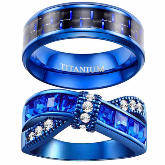 2 Blue Matching Rings Couple Ring 1CT AAA CZ Women Wedding Ring Female Ring