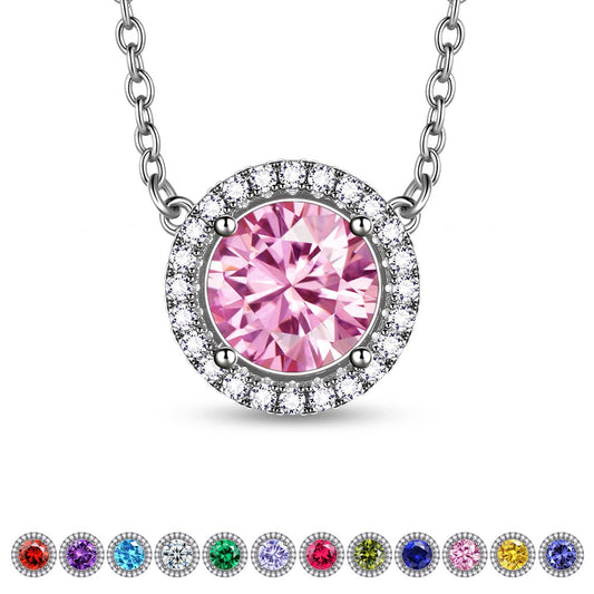 October Birthstone Necklaces Silver Plated Pink round Shape Pendant Jewelry Gift for Women