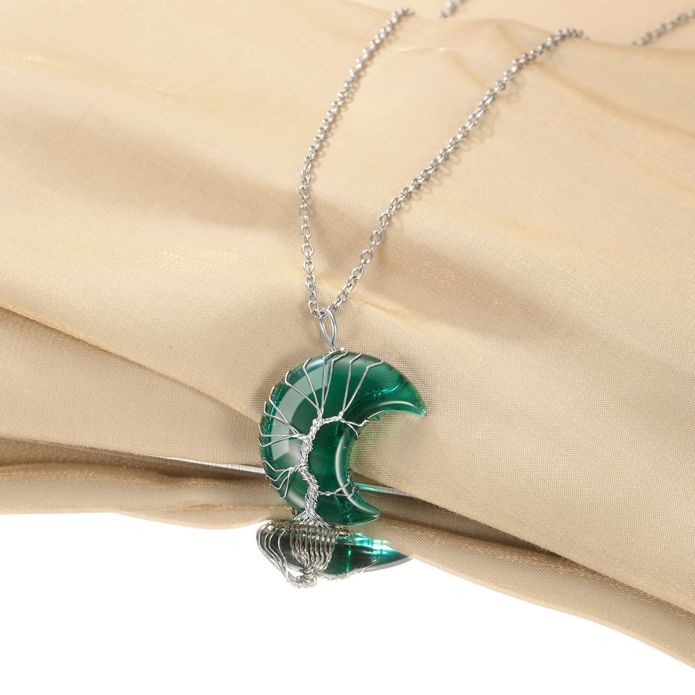 Birthstone Necklace for Women Gilrs Tree of Life Crescent Moon Pendant Necklace Synthetic Green Emerald Healing Crystal Necklaces May