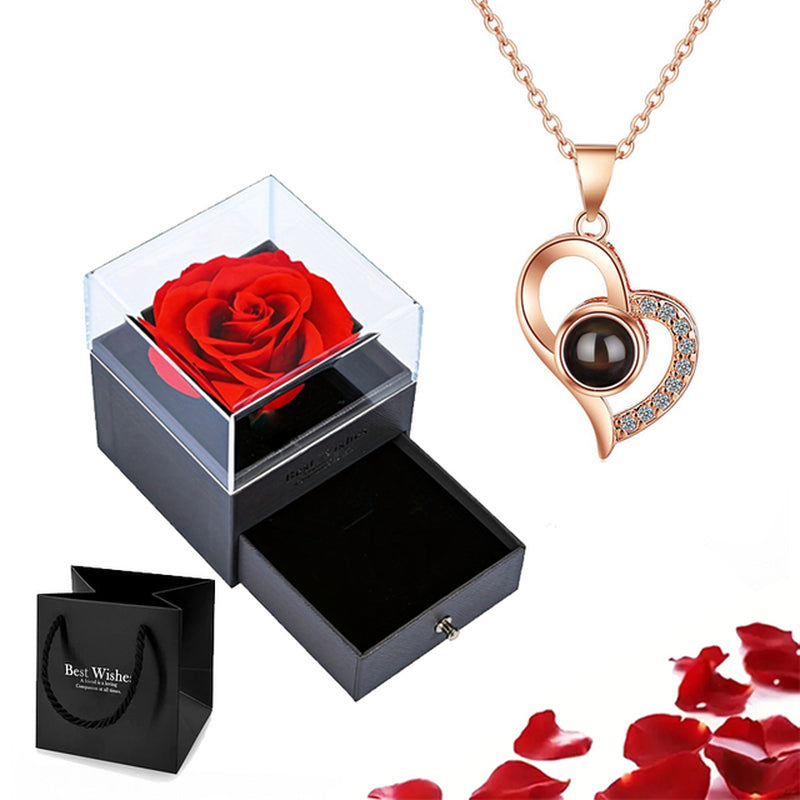 Projection Necklace Set with Rose Gift Box 100 Languages I Love You Heart Pendant Jewelry 2023 Hot Sale Accessories Dropshipping